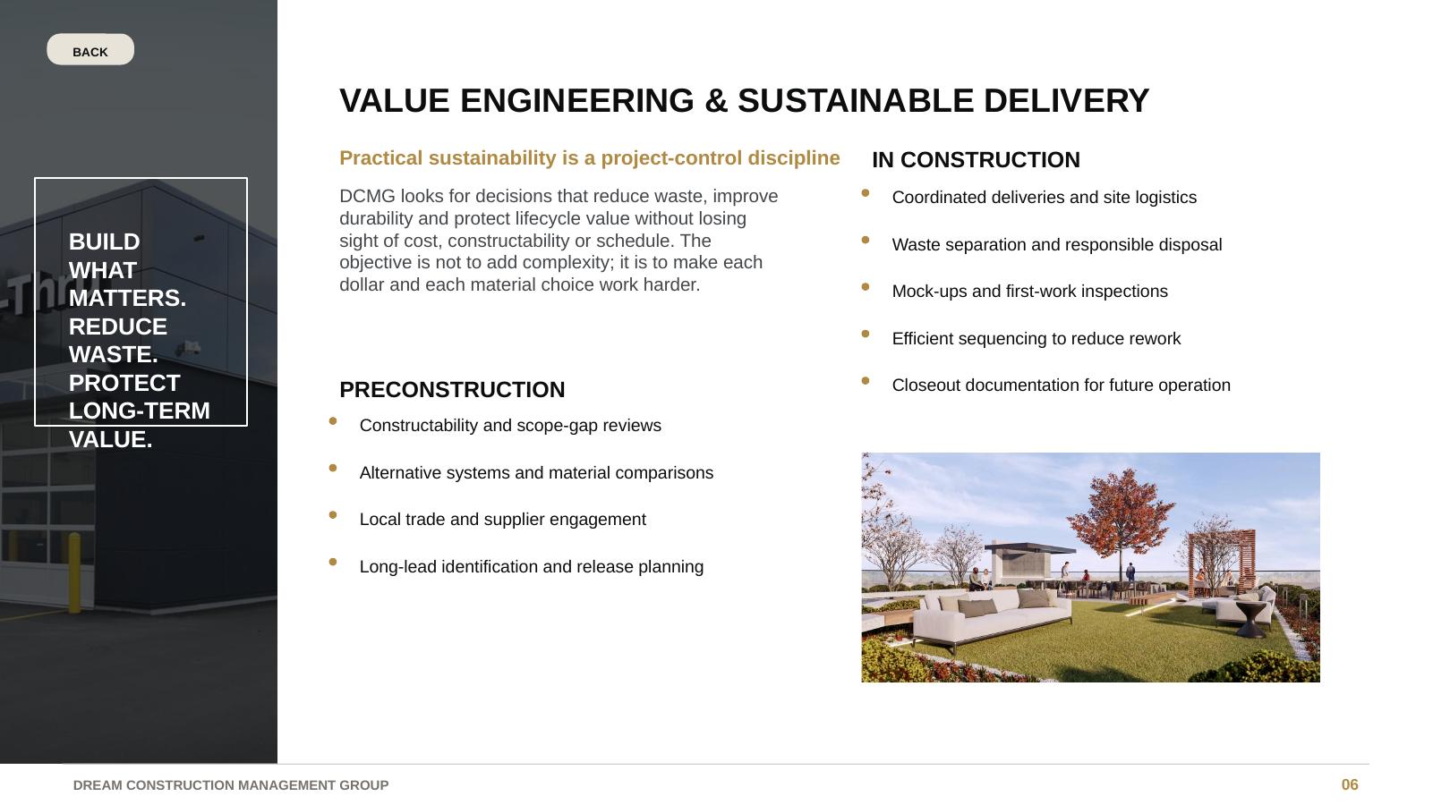 DCMG value engineering and sustainable delivery approach