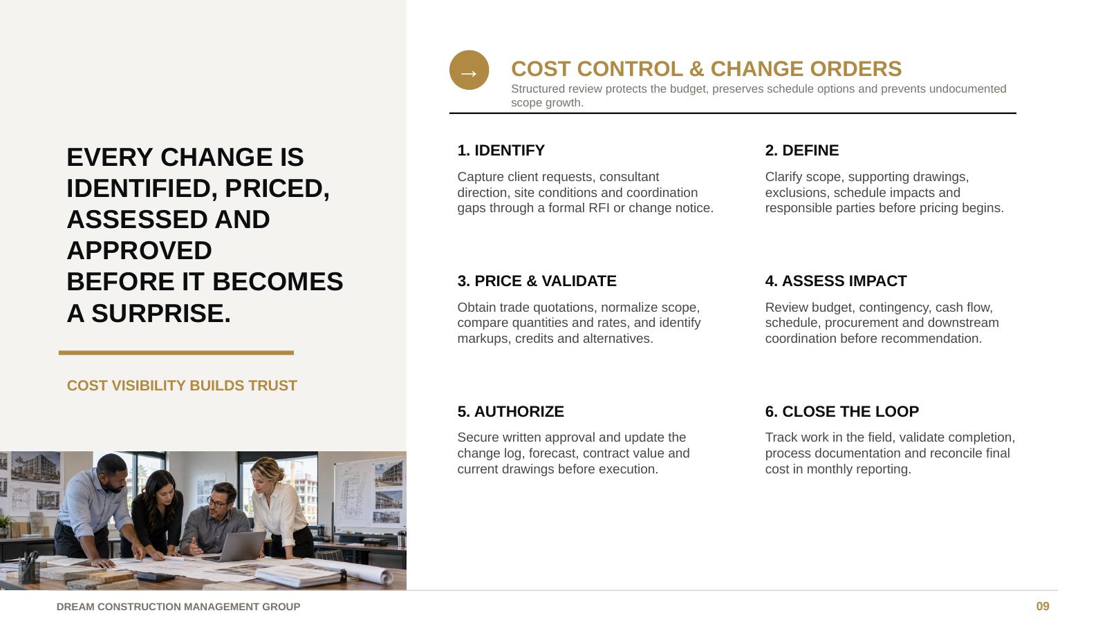 DCMG cost control process, with collaborative project-team photography